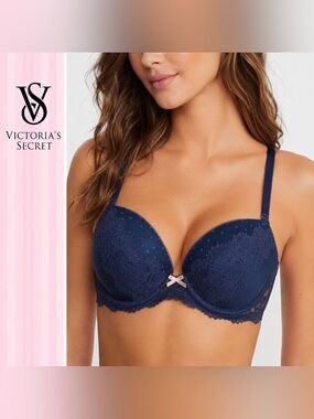 Victoria's Secret NWT Navy Blue Lace Push Up Bra 34C Underwire Padded